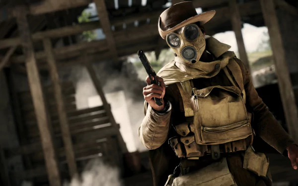 4K Ultra HD Battlefield 1 PC wallpaper featuring a soldier in a gas mask and hat, holding a pistol in a dimly lit, war-torn environment.
