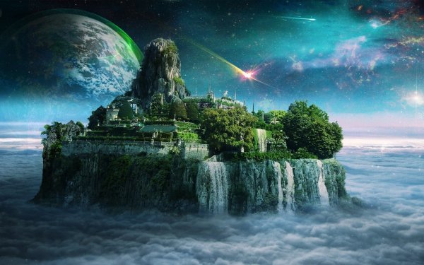 Artistic Fantasy Landscape Moon Cloud Planet Floating Island HD Wallpaper | Background Image