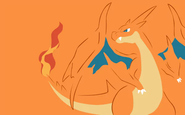 A vibrant HD PC desktop wallpaper featuring Charizard, the iconic Pokémon, with striking blue wings and a fiery tail, set against a bold orange background.