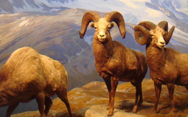 2K Quad HD desktop wallpaper of three bighorn sheep standing on rocky alpine slopes with distant snow-capped mountains under a soft sky.