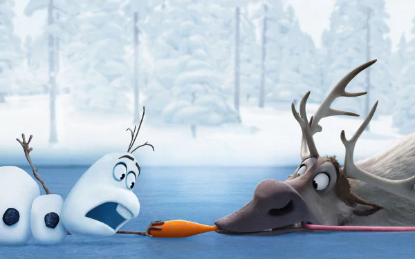 Sven and Olaf from the movie Frozen share a fun moment on a snowy ice landscape. This HD background captures their playful friendship and the enchanting winter atmosphere of the film.