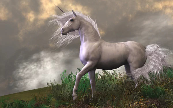 A majestic unicorn stands gracefully amid lush grass, set against a dramatic cloudy sky. This enchanting image captures a fantasy scene in stunning 4K Ultra HD quality.