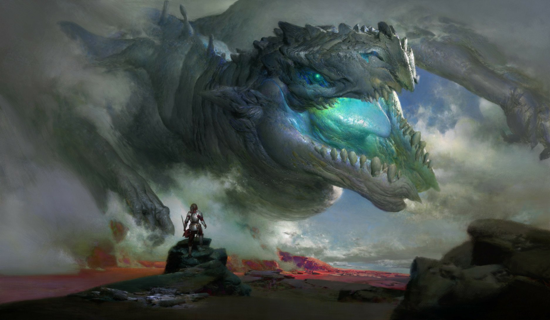 A fantasy HD desktop wallpaper depicting a woman warrior in armor facing a massive glowing blue-eyed dragon emerging from smoke and clouds.