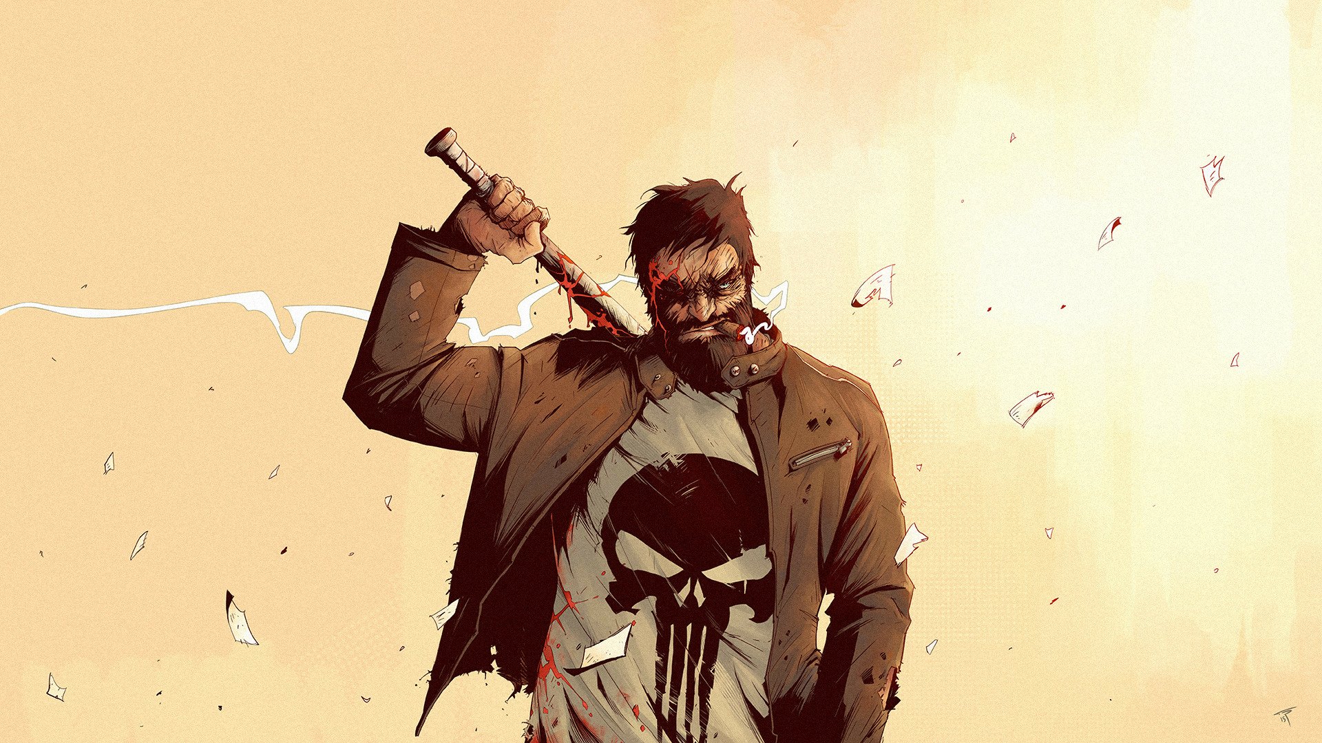 A dynamic HD wallpaper featuring the Punisher, showcasing a gritty character design with a bat and an intense expression against a striking background.