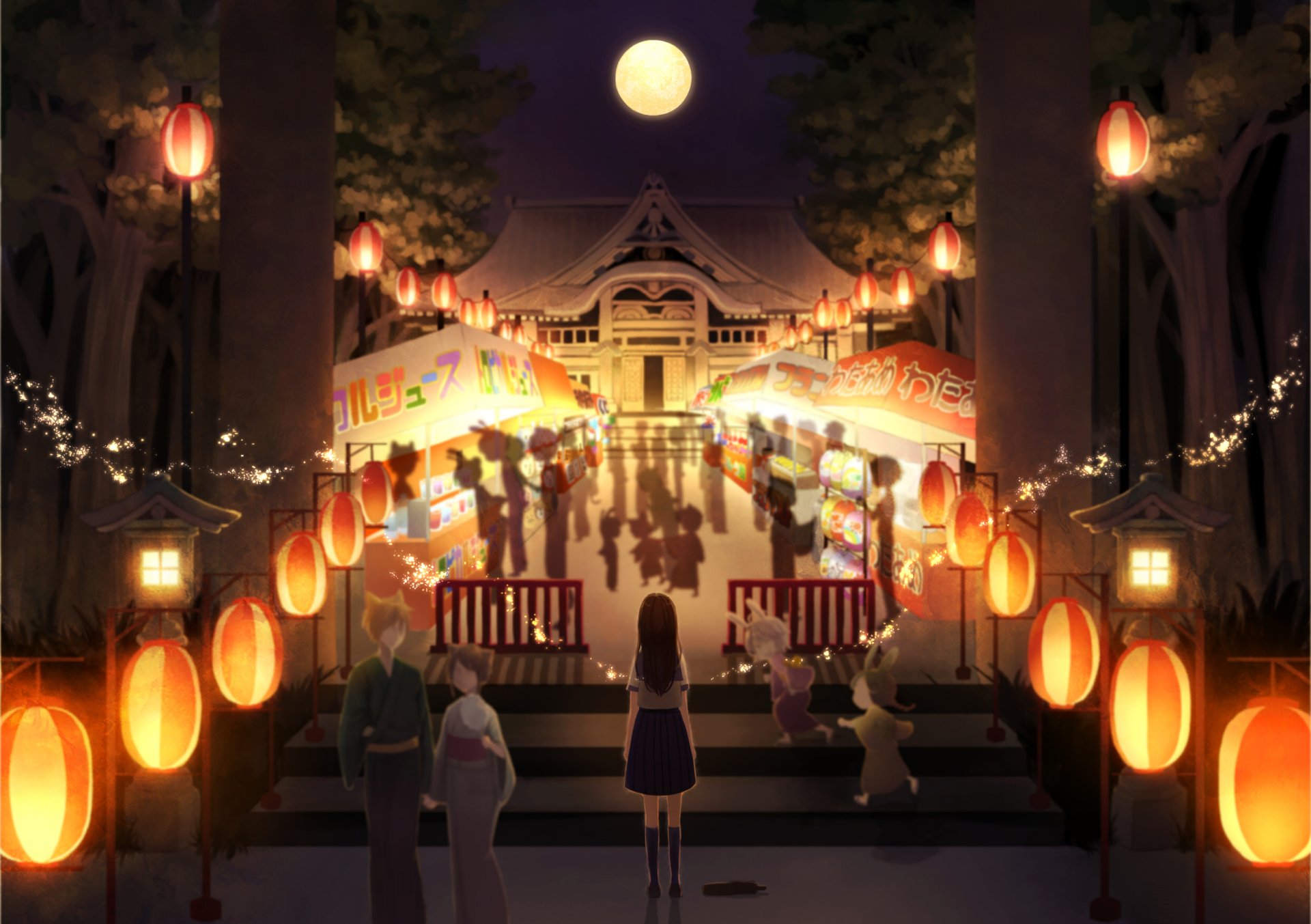 HD anime original desktop wallpaper depicting a vibrant nighttime festival scene with glowing lanterns and market stalls under a full moon.