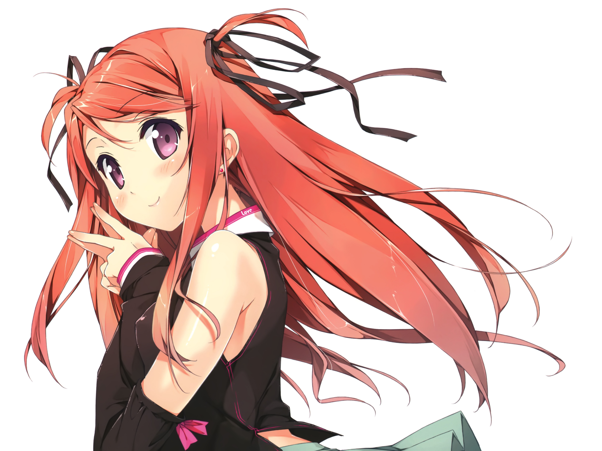 Anime-style 4K Ultra HD wallpaper featuring Kurumi from 5 Nenme no Houkago with long red hair, purple eyes, and a black ribbon in her hair.