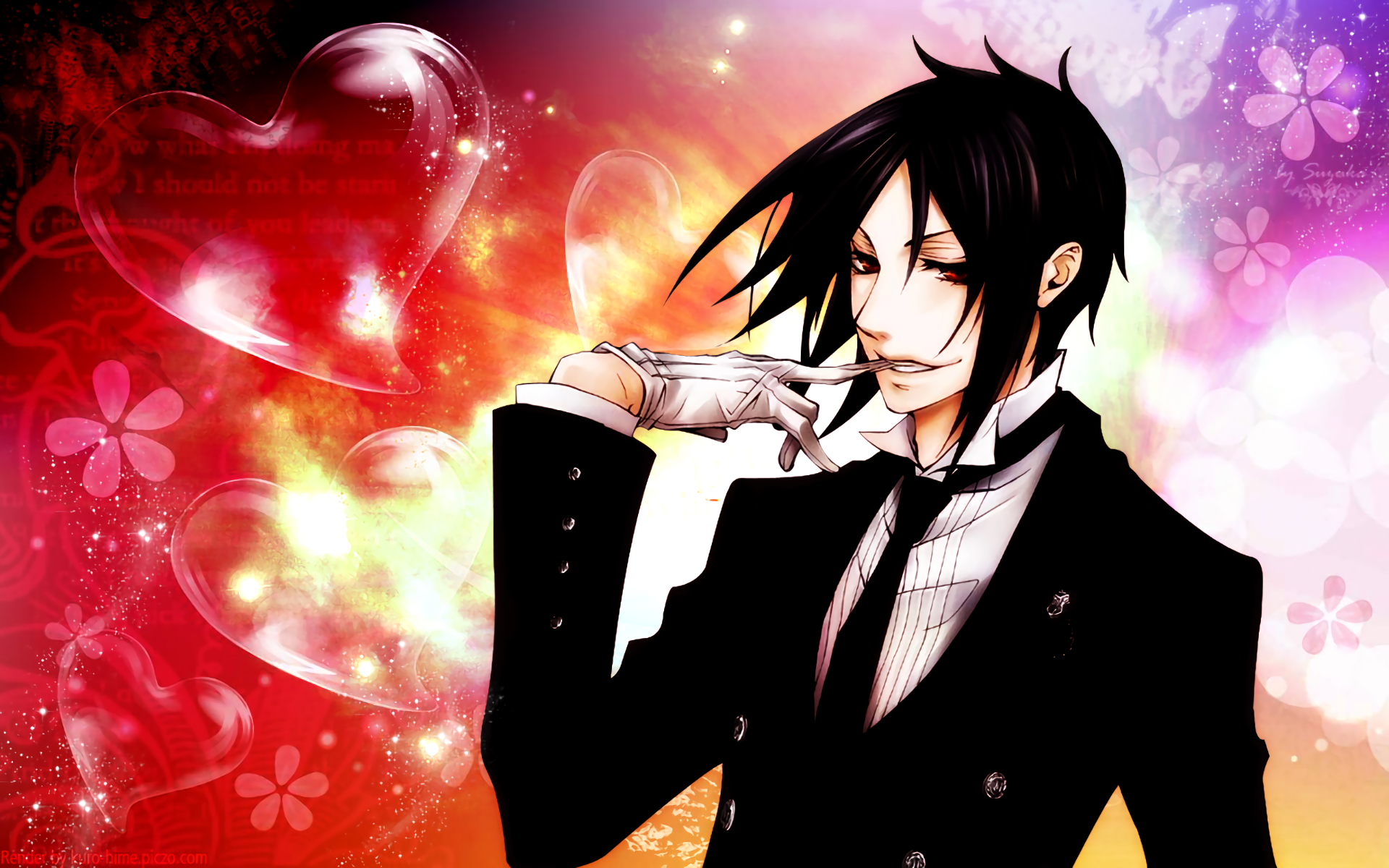 HD anime wallpaper featuring Sebastian Michaelis from Black Butler with a dark suit against a vibrant red and pink background with heart and floral motifs.