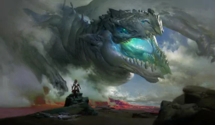 A fantasy HD desktop wallpaper depicting a woman warrior in armor facing a massive glowing blue-eyed dragon emerging from smoke and clouds.