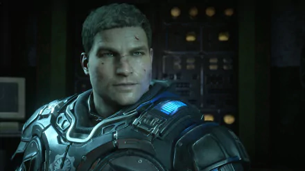 Close-up of James Dominic Fenix in battle-scarred armor from the video game Gears of War 4, rendered as a 4K Ultra HD PC desktop wallpaper.