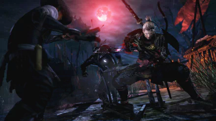 HD PC desktop wallpaper featuring intense battle action from the video game Nioh, showcasing a warrior in dynamic combat under a red moonlit sky.