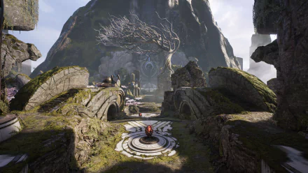 Paragon video game 5K Ultra HD PC desktop wallpaper: ancient mossy stone bridges and a circular rune platform leading to a towering mountain with a carved tree portal beneath a cloudy sky.