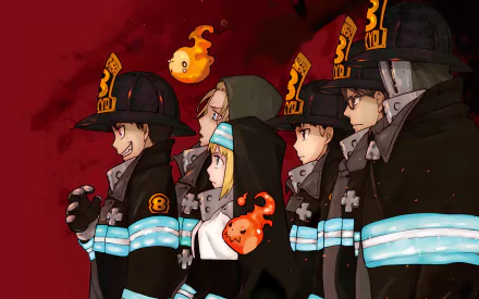 HD desktop wallpaper featuring characters from the anime Fire Force: Takehisa Hinawa, Shinra Kusakabe, Maki Oze, Iris, and Akitaru Oubi, all dressed in firefighting uniforms against a dramatic red background.