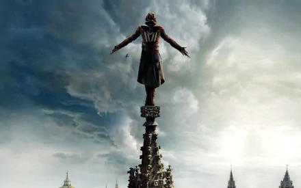 A cinematic HD desktop wallpaper featuring a character from Assassin's Creed, dramatically poised atop a towering structure against a moody sky.