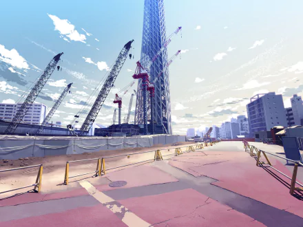 HD anime original desktop wallpaper depicting a cityscape under construction with cranes and tall buildings against a bright sky.