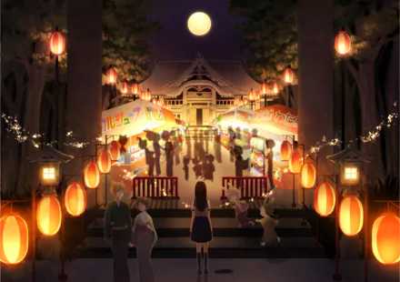 HD anime original desktop wallpaper depicting a vibrant nighttime festival scene with glowing lanterns and market stalls under a full moon.
