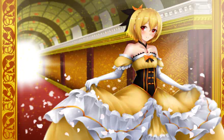 A character from Re:Zero, dressed in a vibrant yellow gown and white gloves, smiles with red eyes, surrounded by a beautifully detailed background of petals and golden architecture.