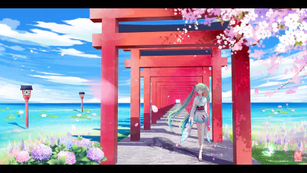 A vibrant HD wallpaper featuring Hatsune Miku, the iconic Vocaloid character, walking through a scenic torii gate path with flowers and a serene ocean backdrop.
