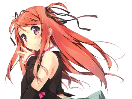 Anime-style 4K Ultra HD wallpaper featuring Kurumi from 5 Nenme no Houkago with long red hair, purple eyes, and a black ribbon in her hair.