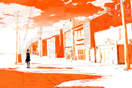Polychromatic anime original HD PC desktop wallpaper/background: lone schoolgirl walks a sunlit, high-contrast orange-white street with powerlines and empty storefronts.