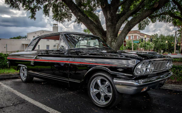 Black Ford Fairlane 500 parked under a tree with chrome trim, red side stripe and polished wheels against a cloudy sky — HD PC desktop wallpaper background.
