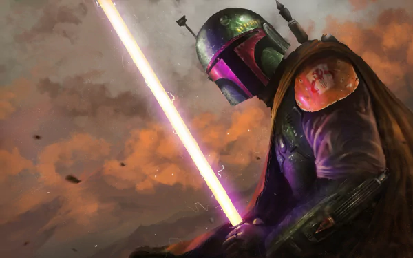 Boba Fett, the iconic bounty hunter from Star Wars, wields a glowing lightsaber against a dramatic sci-fi backdrop in this HD PC desktop wallpaper.