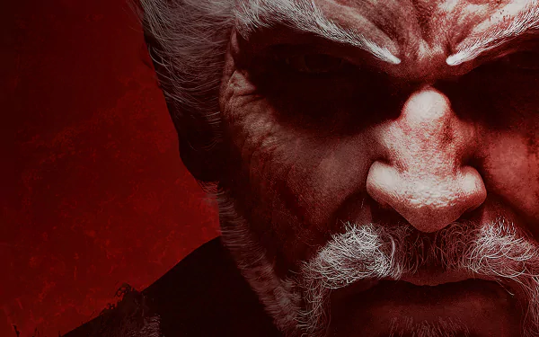 Heihachi Mishima from Tekken 7 is portrayed in this striking 4K Ultra HD wallpaper, showcasing his intense expression against a dramatic red backdrop.