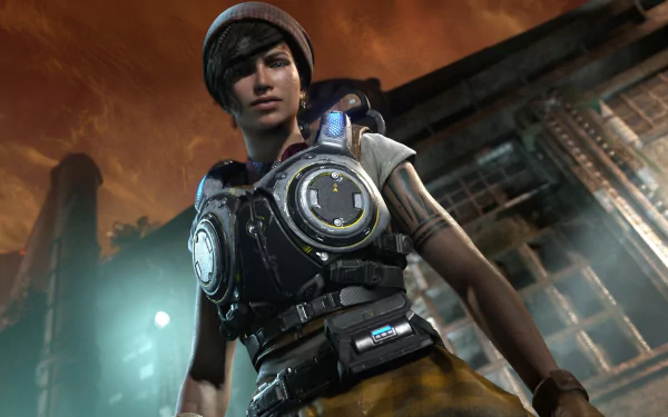 Kait Diaz from Gears of War 4 stands ready in a detailed 4K Ultra HD PC desktop wallpaper background.