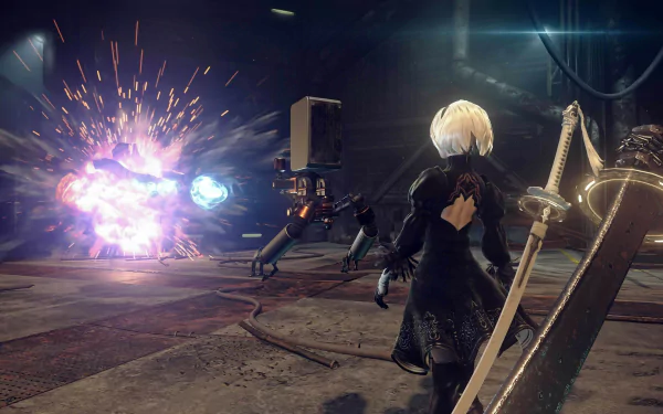 A dynamic scene from NieR: Automata featuring a character in combat against robotic enemies, highlighted by explosive visuals. This HD image serves as an engaging desktop wallpaper.