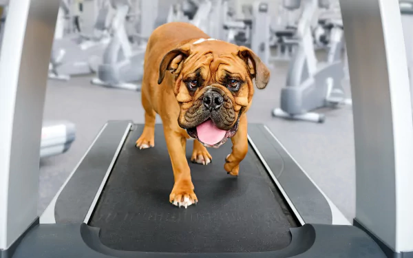 HD PC desktop wallpaper featuring an English Bulldog walking on a treadmill in a gym setting, showcasing the dog as the main animal focus.