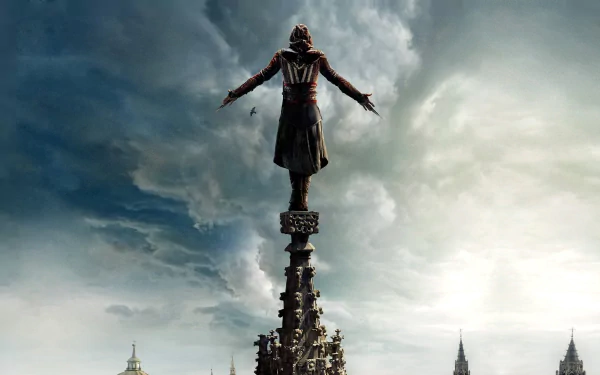 A cinematic HD desktop wallpaper featuring a character from Assassin's Creed, dramatically poised atop a towering structure against a moody sky.
