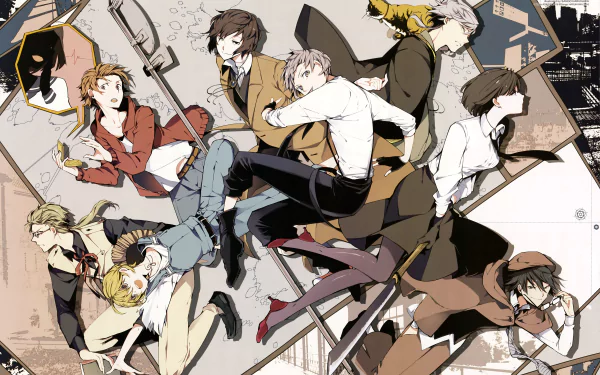 HD desktop wallpaper featuring characters Akiko Yosano, Junichirou Tanizaki, Atsushi Nakajima, Kenji Miyazawa, Doppo Kunikida, Yukichi Fukuzawa, Ranpo Edogawa, and Osamu Dazai from the anime Bungou Stray Dogs.