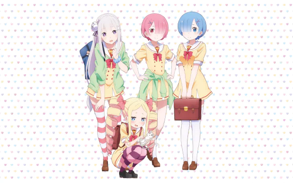 HD wallpaper featuring anime characters Beatrice, Ram, Rem, and Emilia from Re: Zero - Starting Life in Another World. The characters have distinct hairstyles and colorful outfits, set against a dotted background.