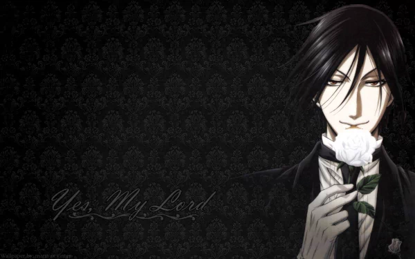Anime-inspired HD wallpaper featuring a character from Black Butler, elegantly holding a white rose against a dark, ornate background with the text Yes, My Lord.
