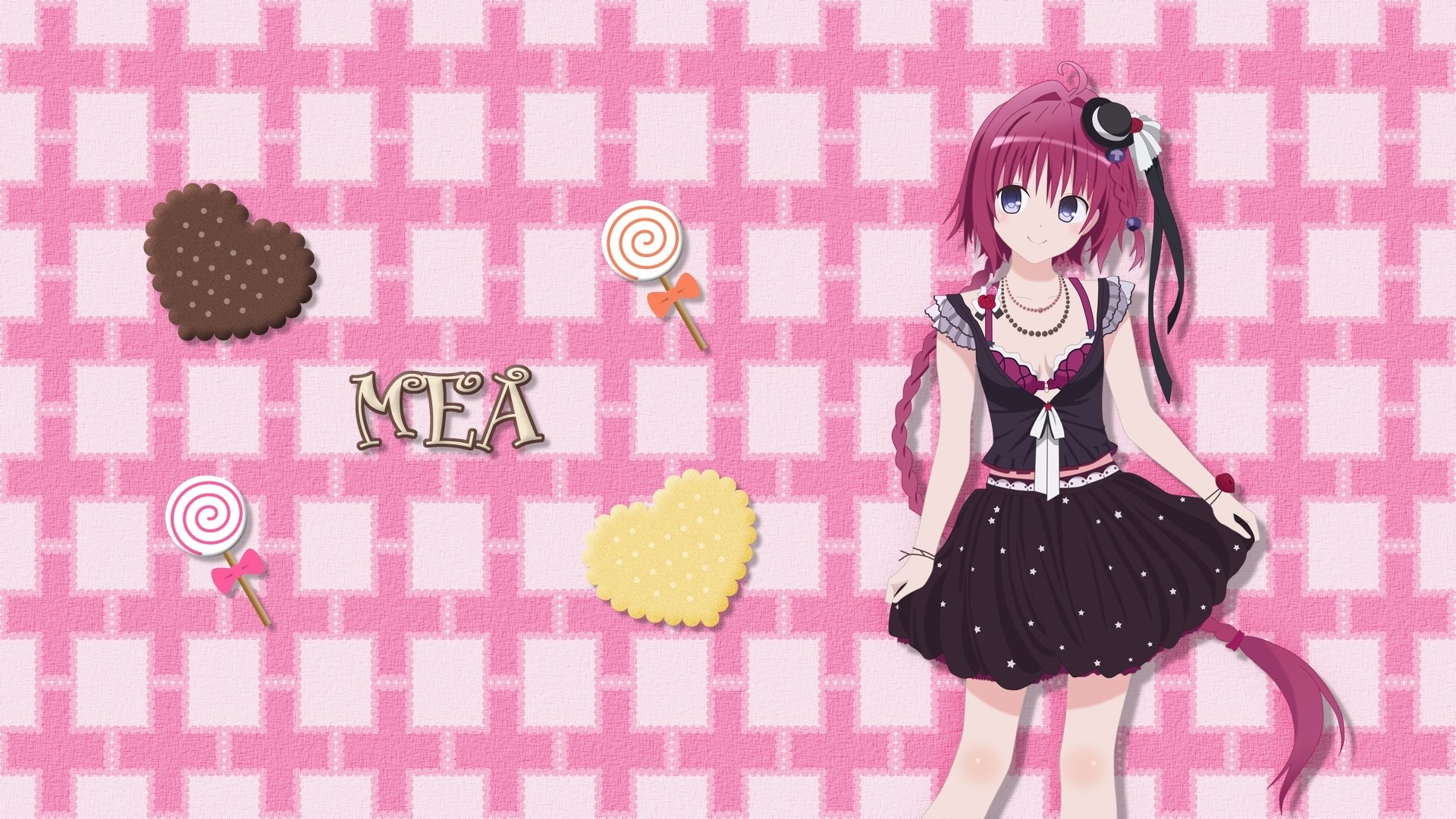 HD wallpaper featuring Mea Kurosaki from To Love-Ru: Darkness, set against a playful pink background with heart and candy graphics.