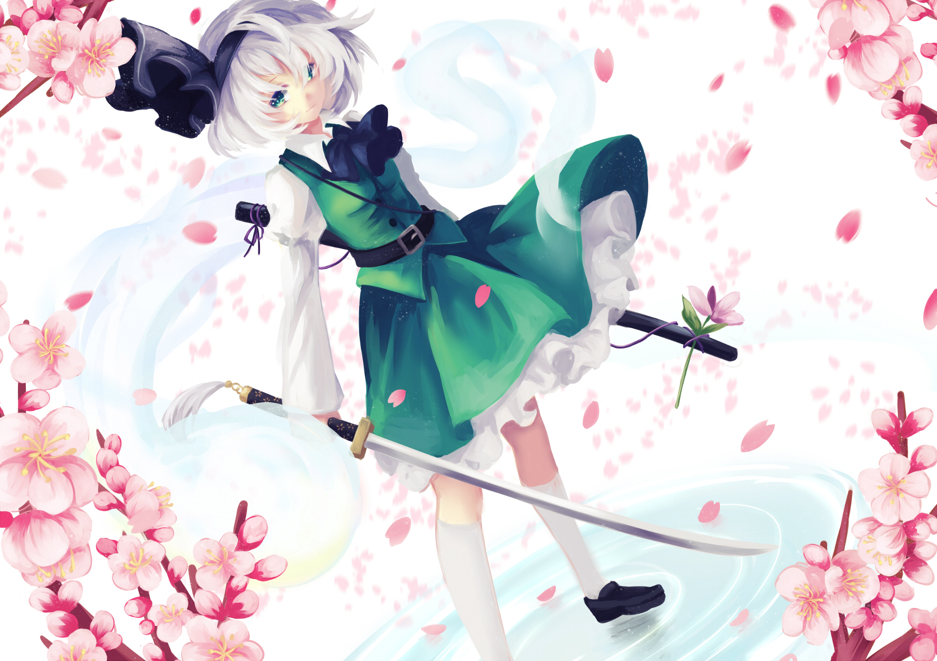 HD anime desktop wallpaper featuring Youmu Konpaku from Touhou, surrounded by cherry blossoms and soft pastel tones, blending elegance with dynamic energy.