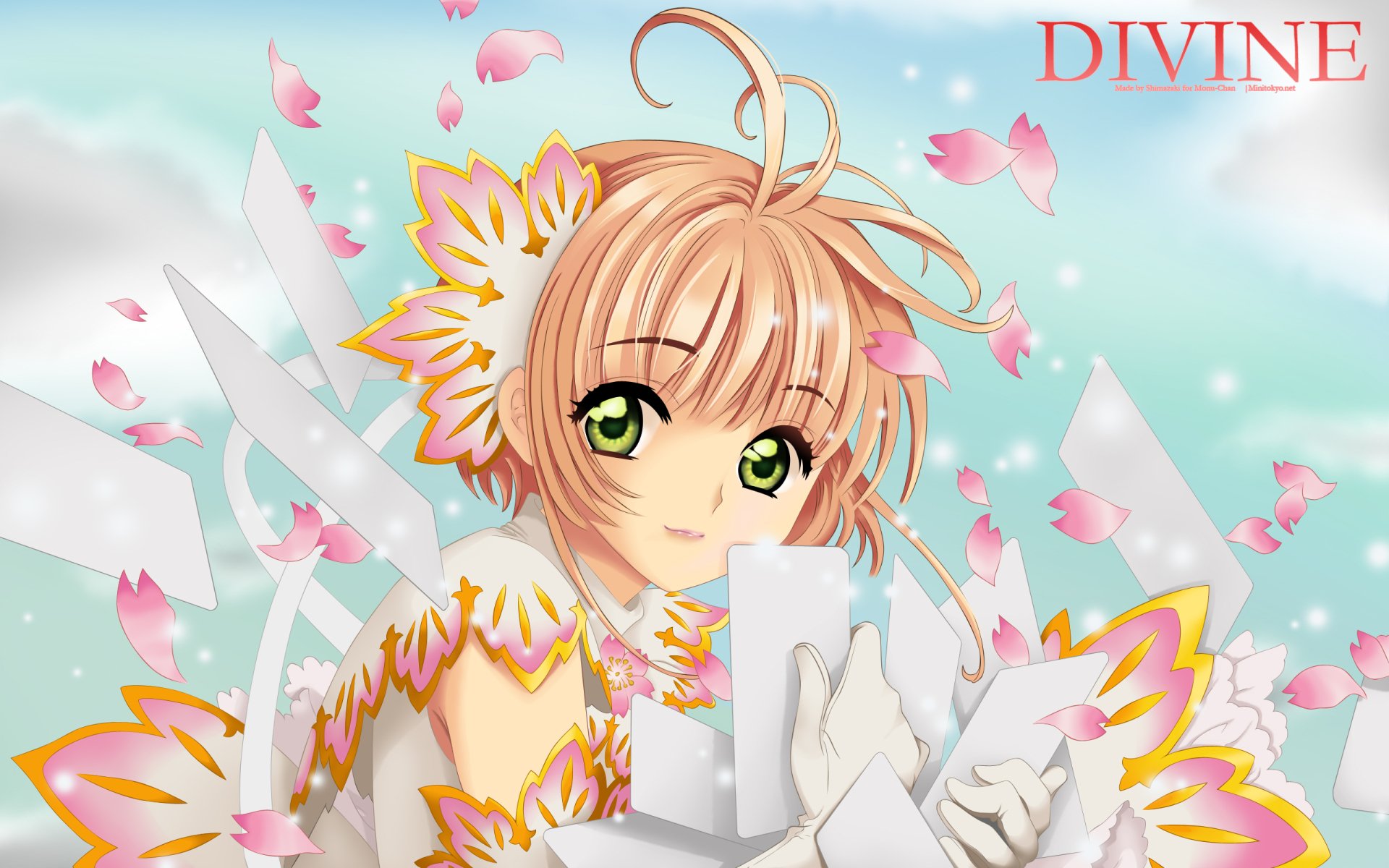 HD anime desktop wallpaper featuring Sakura Kinomoto from Cardcaptor Sakura, surrounded by floating cards and pink sakura petals against a soft blue sky background.