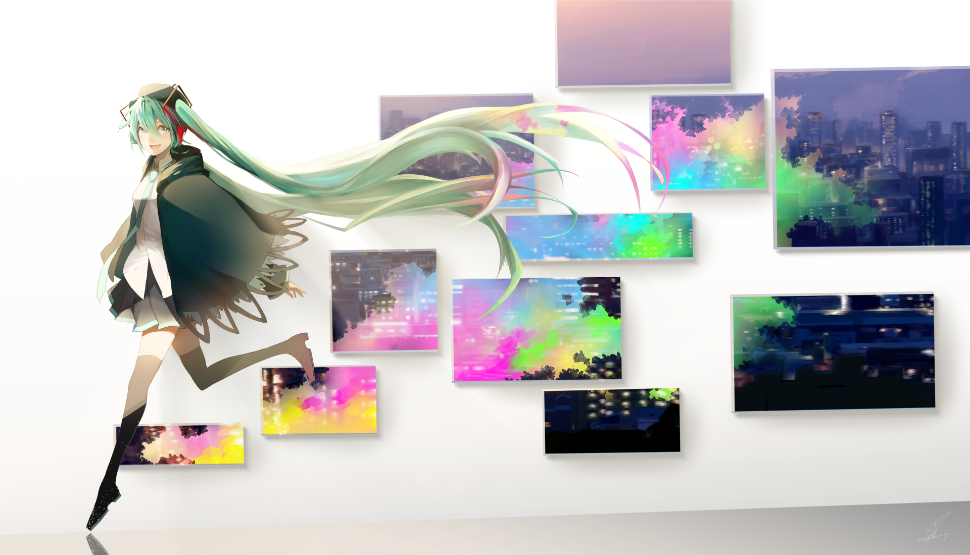 A vibrant 4K Ultra HD anime wallpaper featuring Hatsune Miku from Vocaloid, showcasing her flowing teal hair against a bright, abstract gallery background.