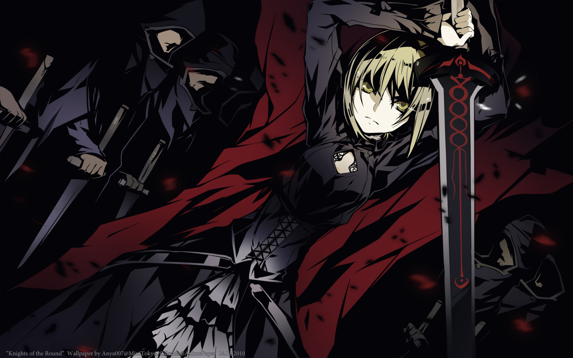 HD PC desktop wallpaper featuring an intense Fate/Stay Night anime scene with a character wielding a sword amidst dark, dramatic tones.
