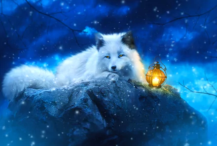 A serene fantasy scene featuring a majestic white fox resting on a rock, illuminated by a glowing lantern against a mystical blue backdrop. HD PC desktop wallpaper.
