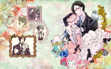 HD anime desktop wallpaper featuring Sebastian Michaelis and Ciel Phantomhive from Black Butler, surrounded by ornate frames, floral accents, and whimsical elements.