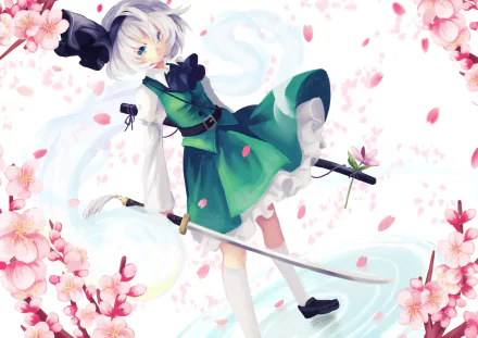HD anime desktop wallpaper featuring Youmu Konpaku from Touhou, surrounded by cherry blossoms and soft pastel tones, blending elegance with dynamic energy.