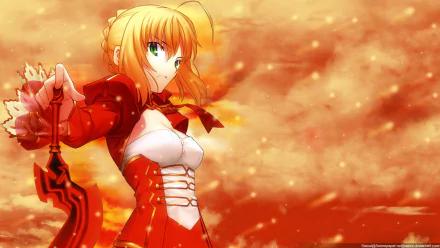 Red Saber from Fate/Extra stands confidently in an orange-hued anime scene, showcasing her fierce spirit and striking features in this HD PC desktop wallpaper.
