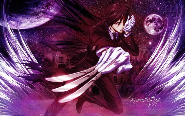 HD PC desktop wallpaper featuring Sebastian Michaelis from the anime Black Butler, set against a vibrant purple cosmic background with moons and dynamic energy effects.