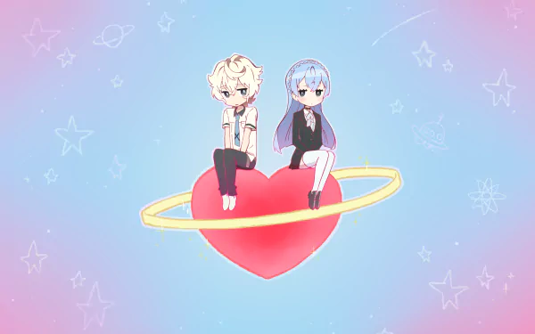 A colorful HD wallpaper featuring characters from Kiznaiver, playfully sitting atop a large heart that is surrounded by a golden ring, set against a pastel background with stars.