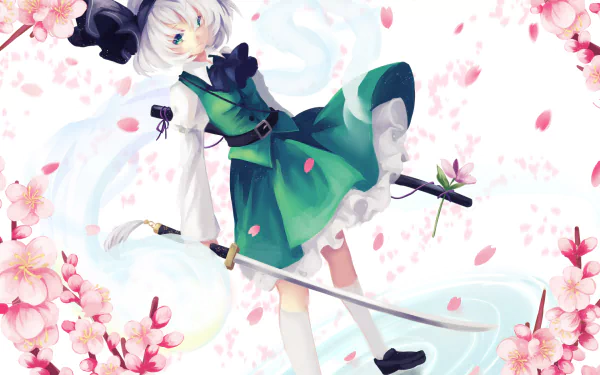 HD anime desktop wallpaper featuring Youmu Konpaku from Touhou, surrounded by cherry blossoms and soft pastel tones, blending elegance with dynamic energy.