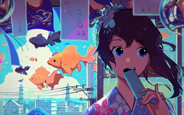 Anime Original Fish Popsicle Dress Ice Cream Kimono Eating HD Wallpaper | Background Image