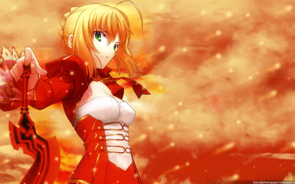 Red Saber from Fate/Extra stands confidently in an orange-hued anime scene, showcasing her fierce spirit and striking features in this HD PC desktop wallpaper.
