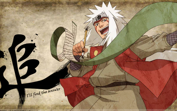 A vibrant HD wallpaper featuring Jiraiya from Naruto, confidently expressing his determination with a scroll in hand and a dynamic pose, set against a textured background.