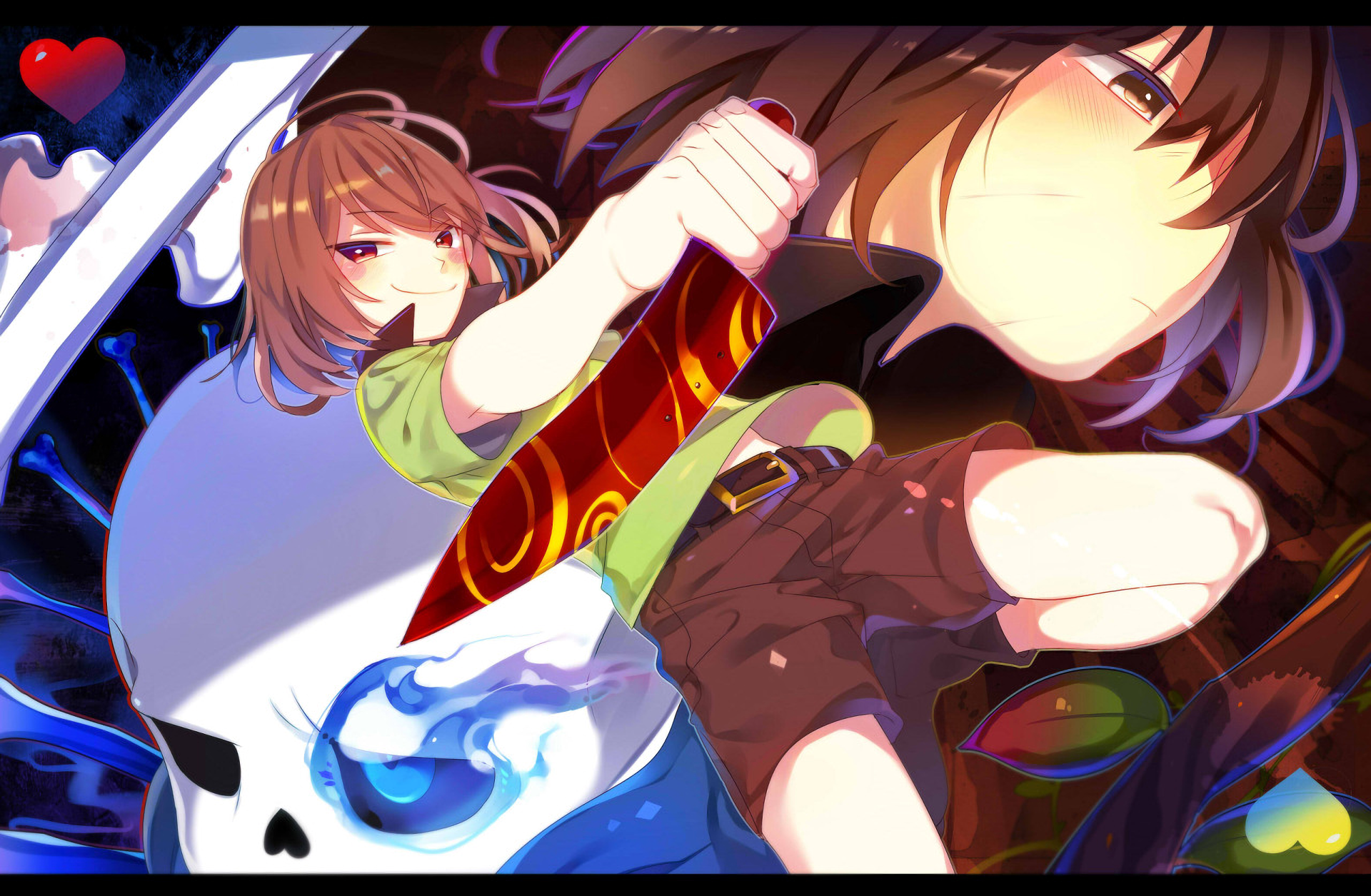 HD wallpaper featuring characters Frisk, Sans, and Chara from the video game Undertale. Vibrant and dynamic composition.