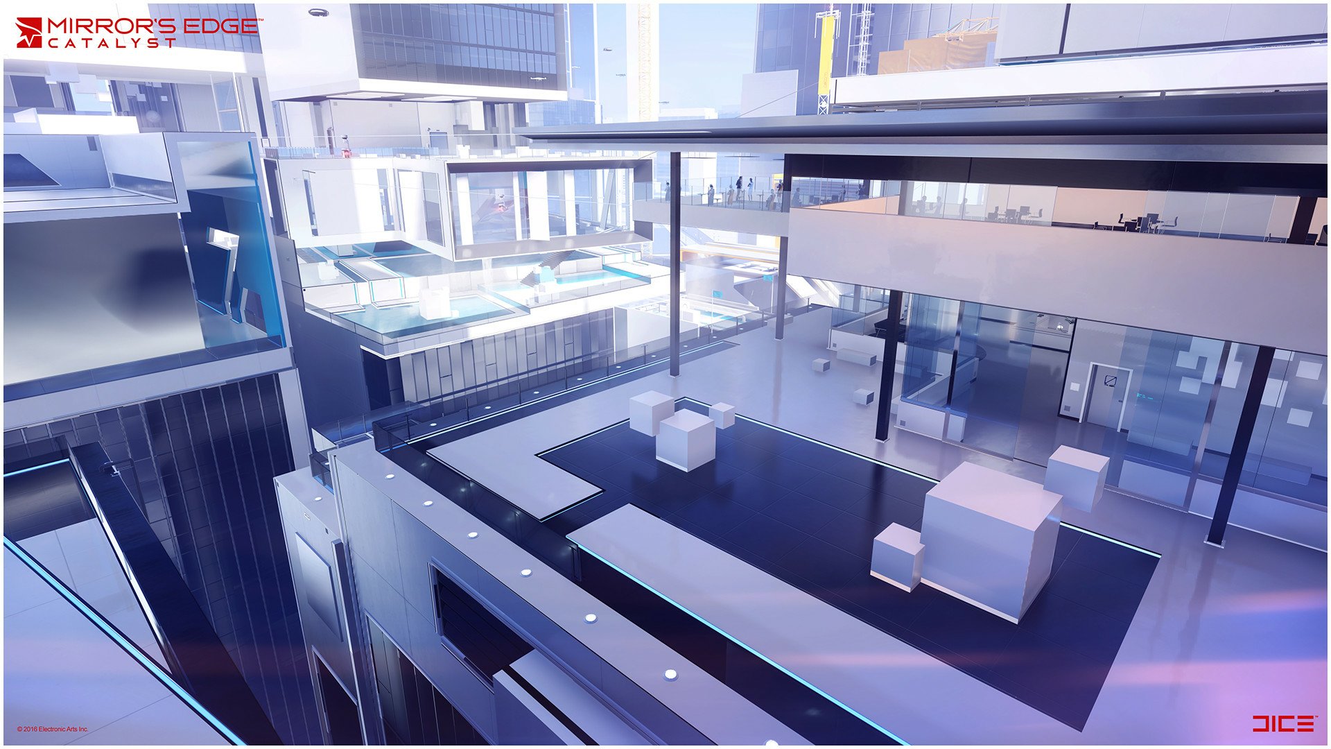 HD PC desktop wallpaper from the video game Mirror's Edge Catalyst, featuring a sleek, futuristic cityscape with reflective glass buildings and geometric rooftop structures.